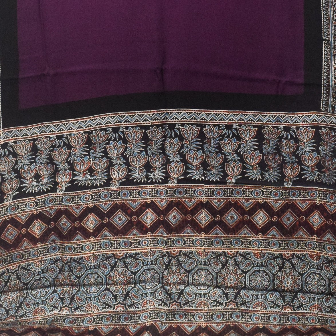 Plain Dyeing Modal Silk Part Natural Dye With Full Ajrakh Border & Ajrakh Pallu Hand Block Print Saree with Blouse Piece - 5.5 Mtr Length    -  SKU : 0166-PUBK