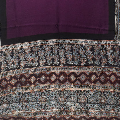 Plain Dyeing Modal Silk Part Natural Dye With Full Ajrakh Border & Ajrakh Pallu Hand Block Print Saree with Blouse Piece - 5.5 Mtr Length    -  SKU : 0166-PUBK