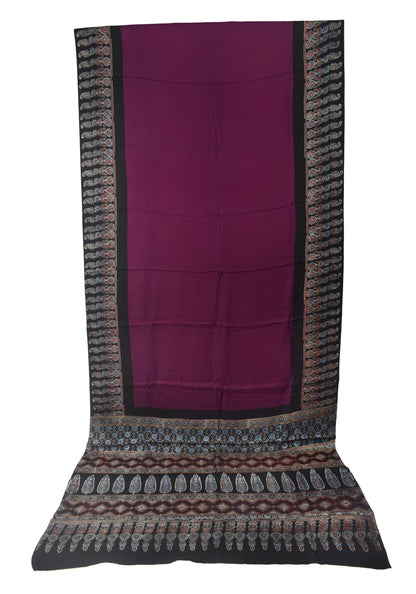 Plain Dyeing Modal Silk Part Natural Dye Ajrakh Border Hand Block Print Saree Natural Dye Ajrakh Pallu - With Blouse Piece - 5.5 Mtr Length    -  SKU : 0167-MGBK