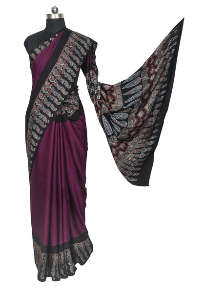 Plain Dyeing Modal Silk Part Natural Dye Ajrakh Border Hand Block Print Saree Natural Dye Ajrakh Pallu - With Blouse Piece - 5.5 Mtr Length    -  SKU : 0167-MGBK