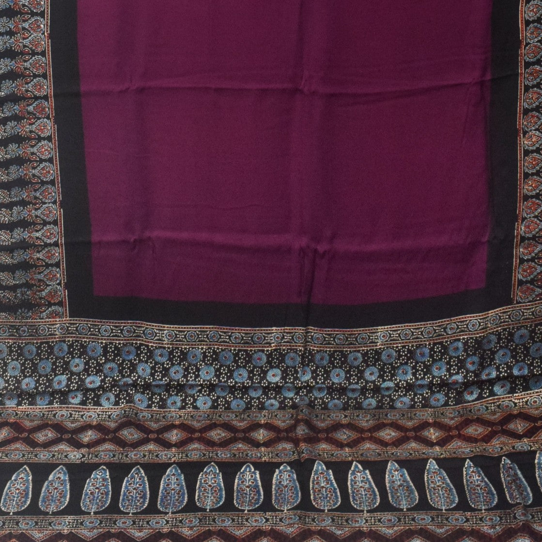 Plain Dyeing Modal Silk Part Natural Dye Ajrakh Border Hand Block Print Saree Natural Dye Ajrakh Pallu - With Blouse Piece - 5.5 Mtr Length    -  SKU : 0167-MGBK