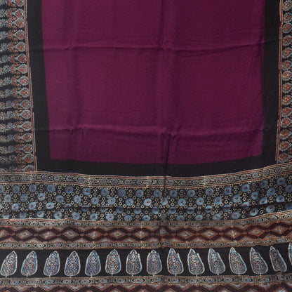 Plain Dyeing Modal Silk Part Natural Dye Ajrakh Border Hand Block Print Saree Natural Dye Ajrakh Pallu - With Blouse Piece - 5.5 Mtr Length    -  SKU : 0167-MGBK