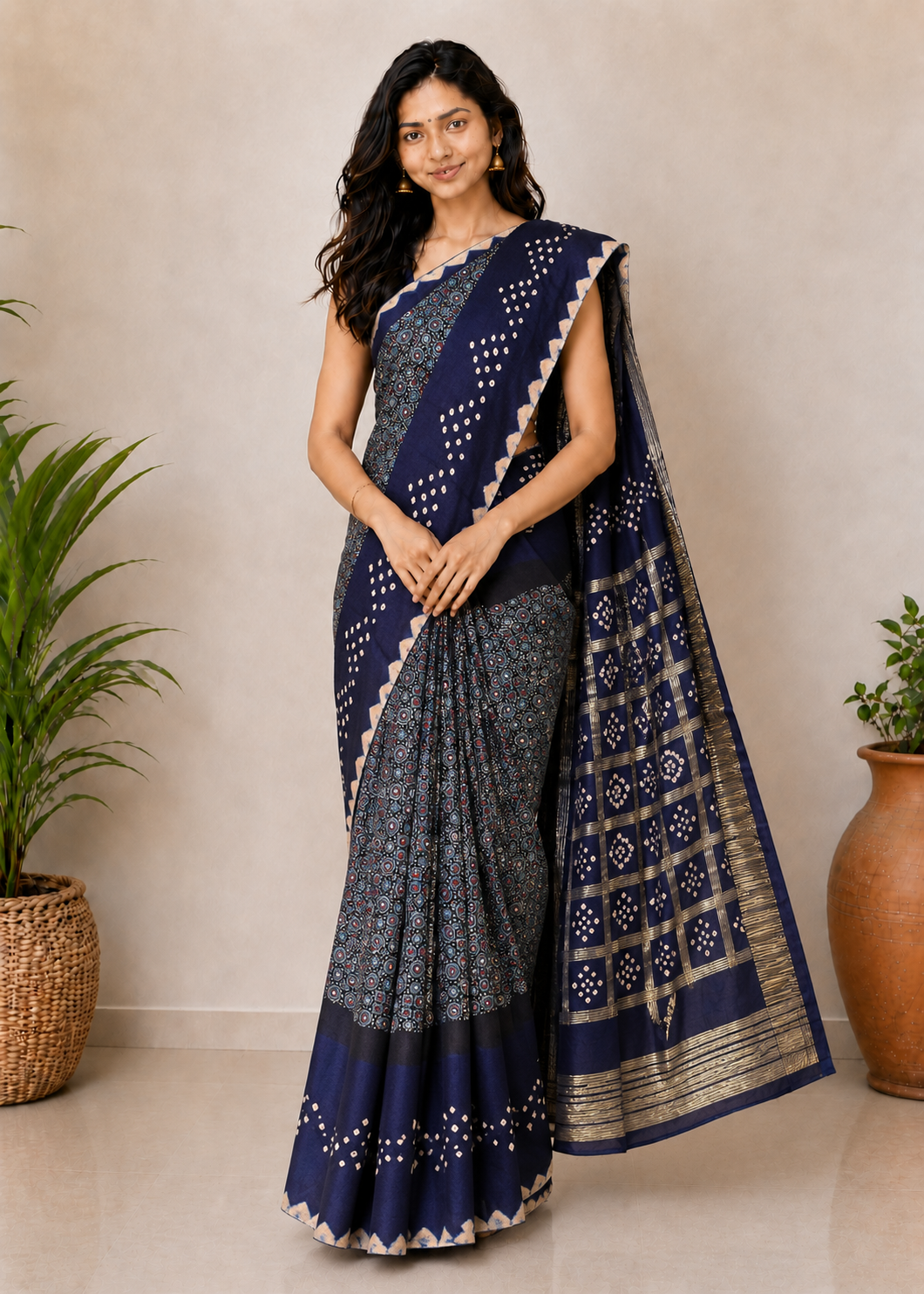 Ajrakh Modal Silk Part Natural Dye Bandhej Border & Bandhej Pallu Gharchola Design Saree Hand Block Print - With Blouse Piece - 5.5 Mtr Length    -  SKU : ZD29A01A