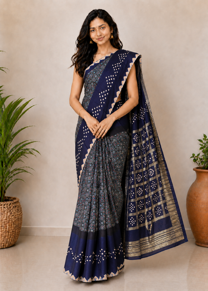 Ajrakh Modal Silk Part Natural Dye Bandhej Border & Bandhej Pallu Gharchola Design Saree Hand Block Print - With Blouse Piece - 5.5 Mtr Length    -  SKU : ZD29A01A
