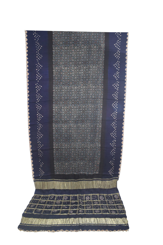 Ajrakh Modal Silk Part Natural Dye Bandhej Border & Bandhej Pallu Gharchola Design Saree Hand Block Print - With Blouse Piece - 5.5 Mtr Length    -  SKU : ZD29A01A