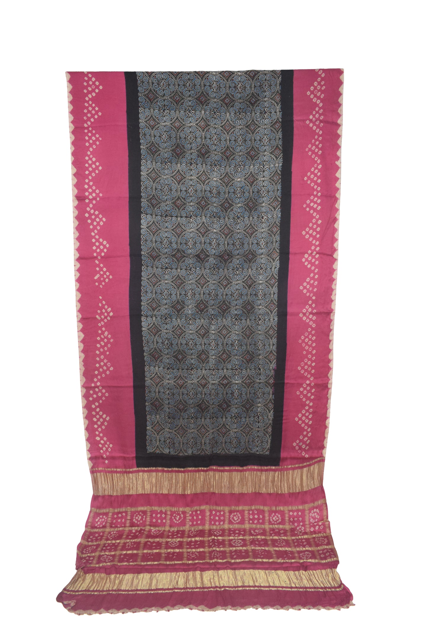Ajrakh Modal Silk Part Natural Dye Bandhej Border & Bandhej Pallu Gharchola Design Saree Hand Block Print - With Blouse Piece - 5.5 Mtr Length    -  SKU : ZD29A01D