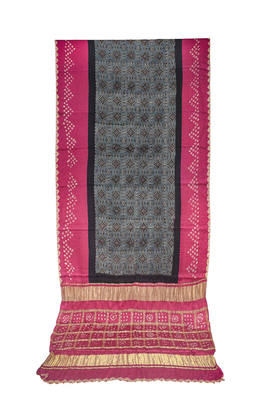 Ajrakh Modal Silk Part Natural Dye Bandhej Border & Bandhej Pallu Gharchola Design Saree Hand Block Print - With Blouse Piece - 5.5 Mtr Length    -  SKU : ZD29A01D