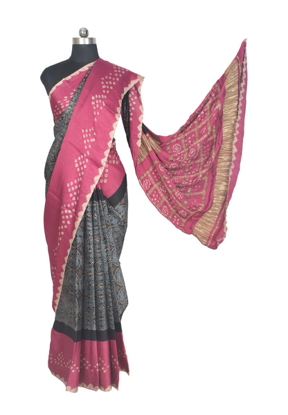 Ajrakh Modal Silk Part Natural Dye Bandhej Border & Bandhej Pallu Gharchola Design Saree Hand Block Print - With Blouse Piece - 5.5 Mtr Length    -  SKU : ZD29A01D
