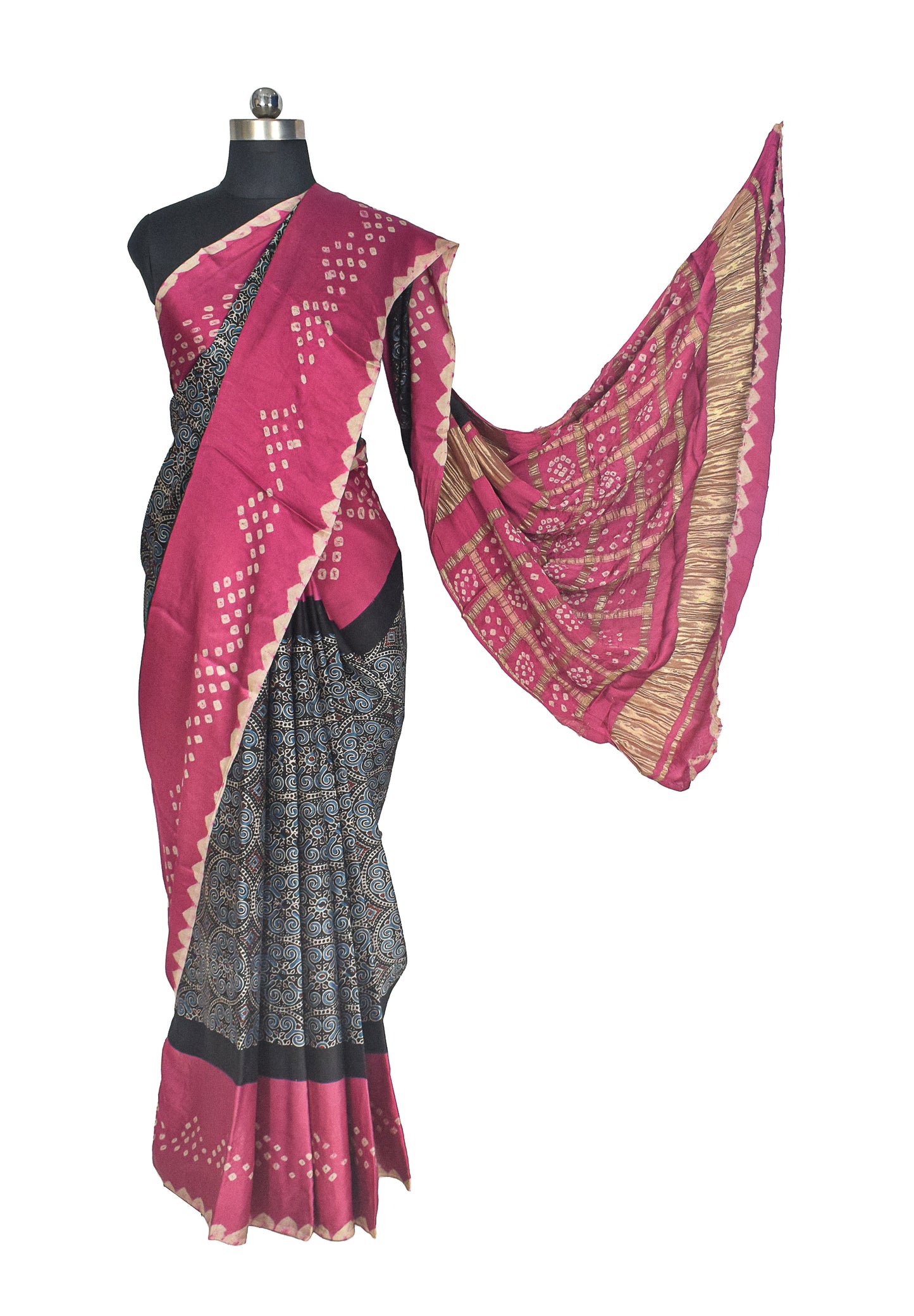 Ajrakh Modal Silk Part Natural Dye Bandhej Border & Bandhej Pallu Gharchola Design Saree Hand Block Print - With Blouse Piece - 5.5 Mtr Length    -  SKU : ZD29A01D