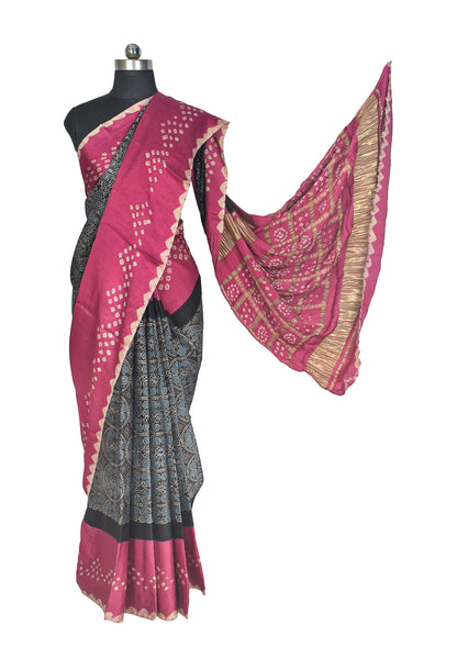 Ajrakh Modal Silk Part Natural Dye Bandhej Border & Bandhej Pallu Gharchola Design Saree Hand Block Print - With Blouse Piece - 5.5 Mtr Length    -  SKU : ZD29A01D