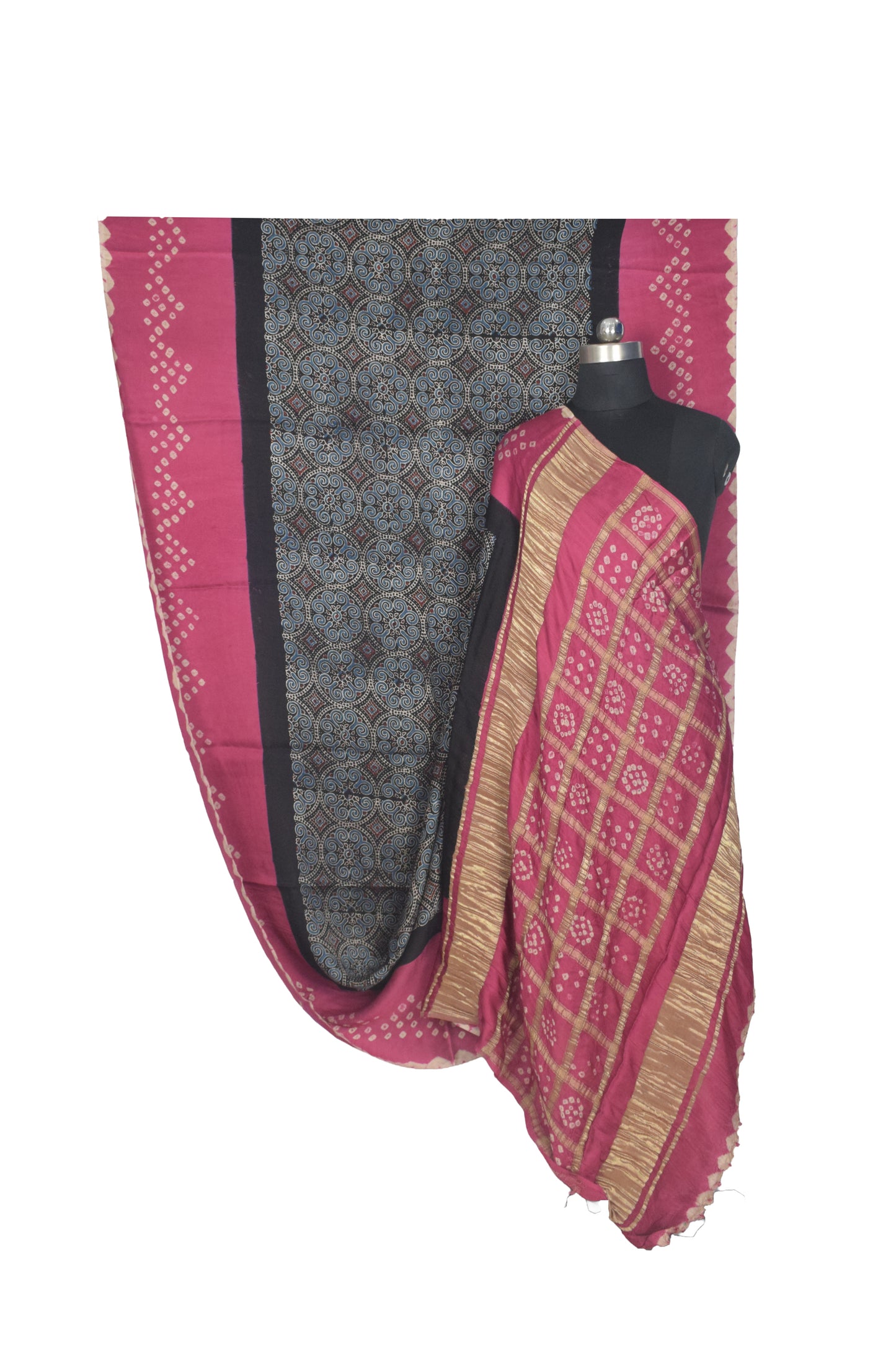 Ajrakh Modal Silk Part Natural Dye Bandhej Border & Bandhej Pallu Gharchola Design Saree Hand Block Print - With Blouse Piece - 5.5 Mtr Length    -  SKU : ZD29A01D