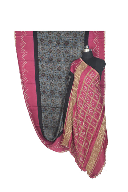Ajrakh Modal Silk Part Natural Dye Bandhej Border & Bandhej Pallu Gharchola Design Saree Hand Block Print - With Blouse Piece - 5.5 Mtr Length    -  SKU : ZD29A01D
