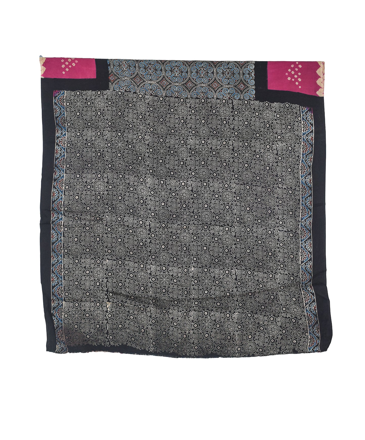 Ajrakh Modal Silk Part Natural Dye Bandhej Border & Bandhej Pallu Gharchola Design Saree Hand Block Print - With Blouse Piece - 5.5 Mtr Length    -  SKU : ZD29A01D