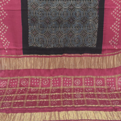 Ajrakh Modal Silk Part Natural Dye Bandhej Border & Bandhej Pallu Gharchola Design Saree Hand Block Print - With Blouse Piece - 5.5 Mtr Length    -  SKU : ZD29A01D