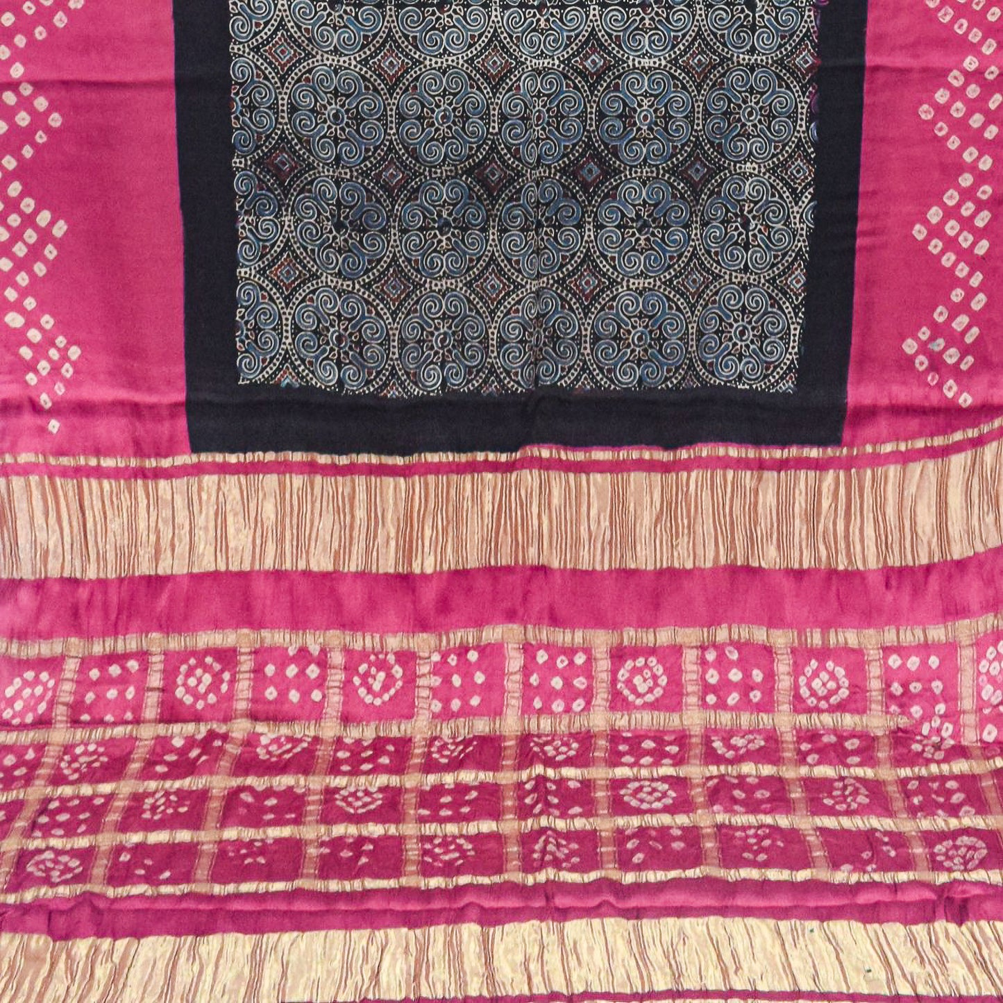 Ajrakh Modal Silk Part Natural Dye Bandhej Border & Bandhej Pallu Gharchola Design Saree Hand Block Print - With Blouse Piece - 5.5 Mtr Length    -  SKU : ZD29A01D