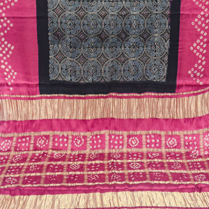 Ajrakh Modal Silk Part Natural Dye Bandhej Border & Bandhej Pallu Gharchola Design Saree Hand Block Print - With Blouse Piece - 5.5 Mtr Length    -  SKU : ZD29A01D