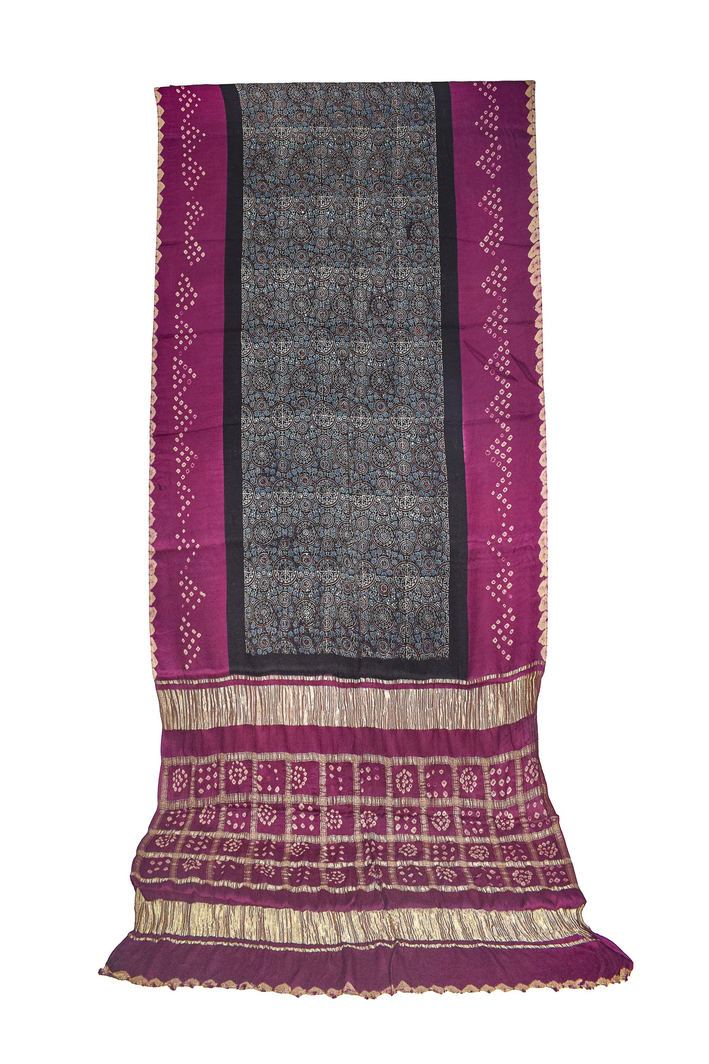 Ajrakh Modal Silk Part Natural Dye Bandhej Border & Bandhej Pallu Gharchola Design Saree Hand Block Print - With Blouse Piece - 5.5 Mtr Length    -  SKU : ZD29A01C