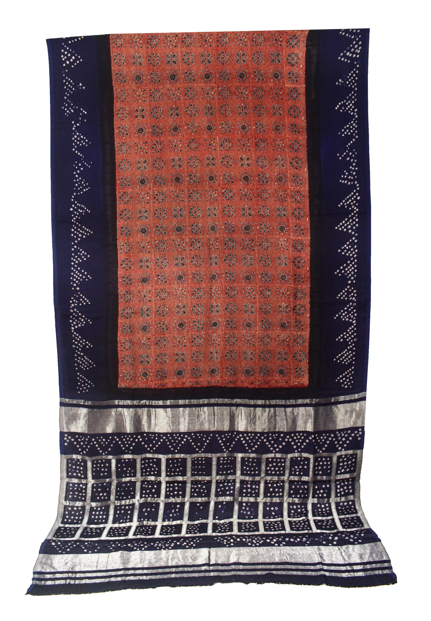 Ajrakh Modal Silk Part Natural Dye Bandhej Border & Bandhej Pallu Gharchola Design Saree Hand Block Print - With Blouse Piece - 5.5 Mtr Length    -  SKU : ZD15A01B