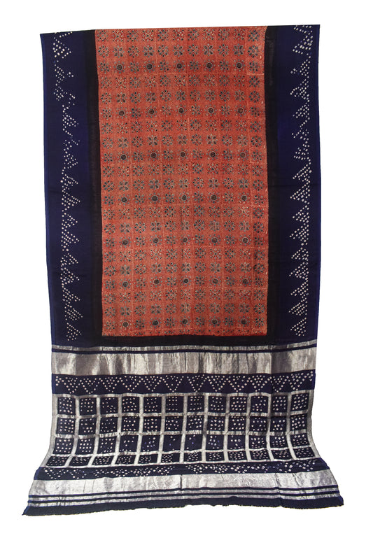 Ajrakh Modal Silk Part Natural Dye Bandhej Border & Bandhej Pallu Gharchola Design Saree Hand Block Print - With Blouse Piece - 5.5 Mtr Length    -  SKU : ZD15A01B
