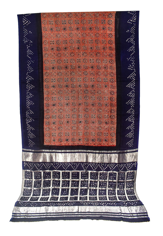 Ajrakh Modal Silk Part Natural Dye Bandhej Border & Bandhej Pallu Gharchola Design Saree Hand Block Print - With Blouse Piece - 5.5 Mtr Length    -  SKU : ZD15A01B