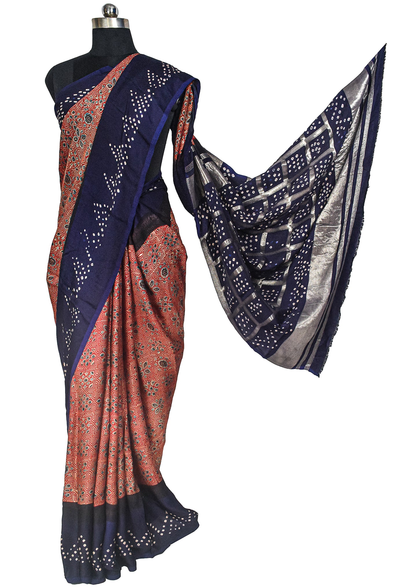 Ajrakh Modal Silk Part Natural Dye Bandhej Border & Bandhej Pallu Gharchola Design Saree Hand Block Print - With Blouse Piece - 5.5 Mtr Length    -  SKU : ZD15A01B