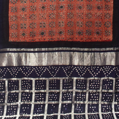 Ajrakh Modal Silk Part Natural Dye Bandhej Border & Bandhej Pallu Gharchola Design Saree Hand Block Print - With Blouse Piece - 5.5 Mtr Length    -  SKU : ZD15A01B