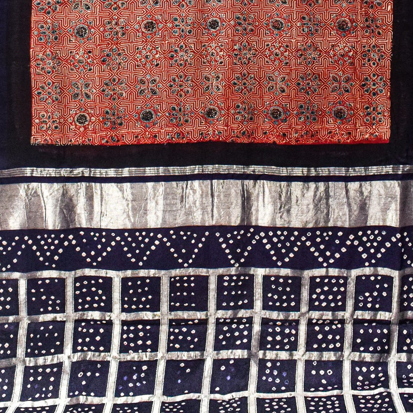 Ajrakh Modal Silk Part Natural Dye Bandhej Border & Bandhej Pallu Gharchola Design Saree Hand Block Print - With Blouse Piece - 5.5 Mtr Length    -  SKU : ZD15A01B