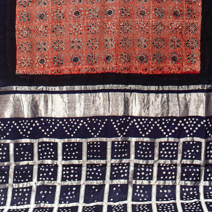 Ajrakh Modal Silk Part Natural Dye Bandhej Border & Bandhej Pallu Gharchola Design Saree Hand Block Print - With Blouse Piece - 5.5 Mtr Length    -  SKU : ZD15A01B