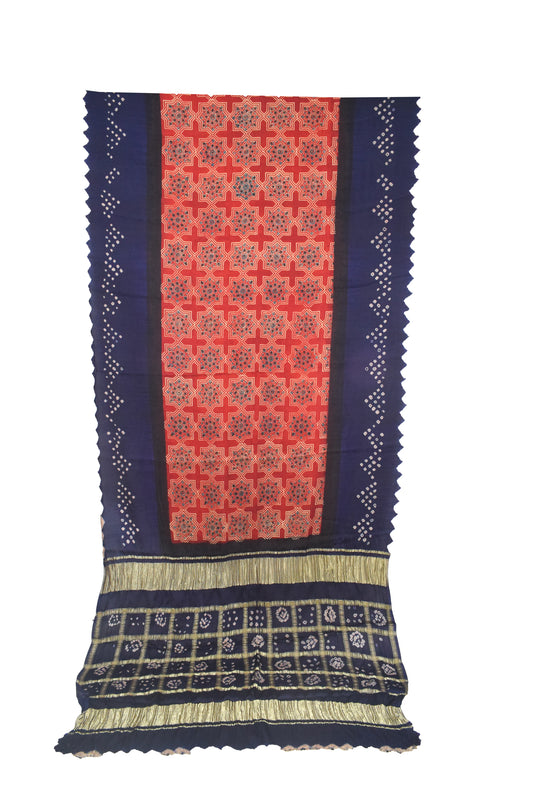 Ajrakh Modal Silk Part Natural Dye Bandhej Border & Bandhej Pallu Gharchola Design Saree Hand Block Print - With Blouse Piece - 5.5 Mtr Length    -  SKU : ZD15A01C