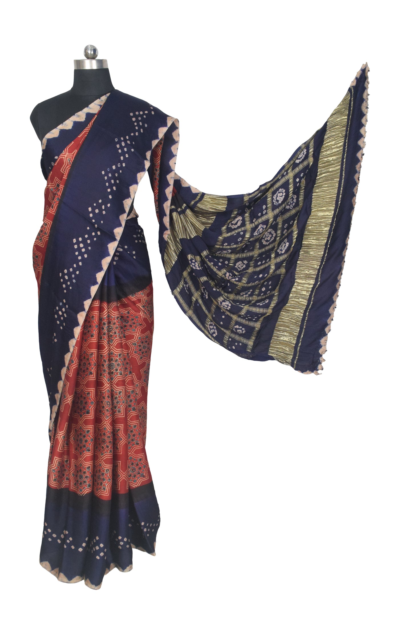 Ajrakh Modal Silk Part Natural Dye Bandhej Border & Bandhej Pallu Gharchola Design Saree Hand Block Print - With Blouse Piece - 5.5 Mtr Length    -  SKU : ZD15A01C