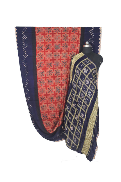 Ajrakh Modal Silk Part Natural Dye Bandhej Border & Bandhej Pallu Gharchola Design Saree Hand Block Print - With Blouse Piece - 5.5 Mtr Length    -  SKU : ZD15A01C
