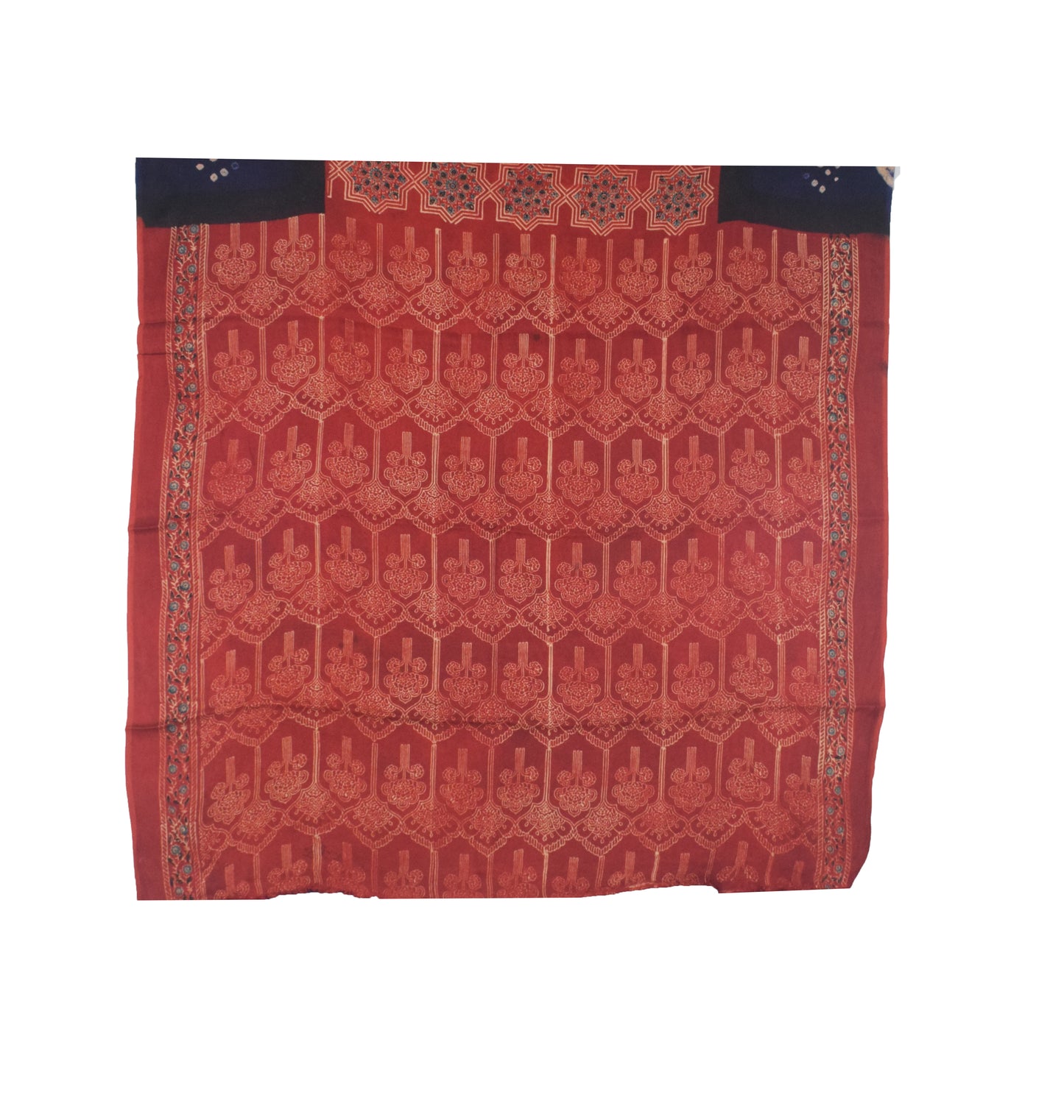 Ajrakh Modal Silk Part Natural Dye Bandhej Border & Bandhej Pallu Gharchola Design Saree Hand Block Print - With Blouse Piece - 5.5 Mtr Length    -  SKU : ZD15A01C