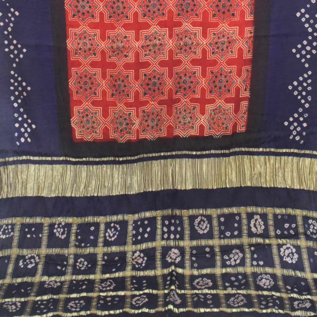 Ajrakh Modal Silk Part Natural Dye Bandhej Border & Bandhej Pallu Gharchola Design Saree Hand Block Print - With Blouse Piece - 5.5 Mtr Length    -  SKU : ZD15A01C