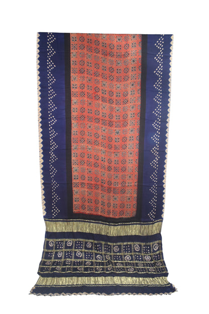 Ajrakh Modal Silk Part Natural Dye Bandhej Border & Bandhej Pallu Gharchola Design Saree Hand Block Print - With Blouse Piece - 5.5 Mtr Length    -  SKU : ZD29A01B