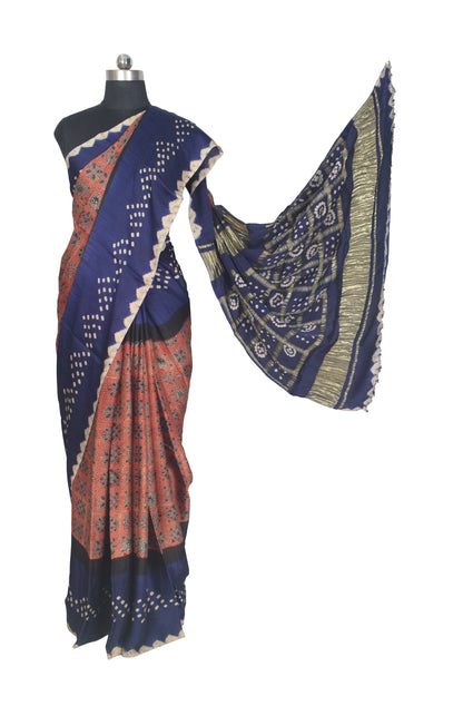Ajrakh Modal Silk Part Natural Dye Bandhej Border & Bandhej Pallu Gharchola Design Saree Hand Block Print - With Blouse Piece - 5.5 Mtr Length    -  SKU : ZD29A01B