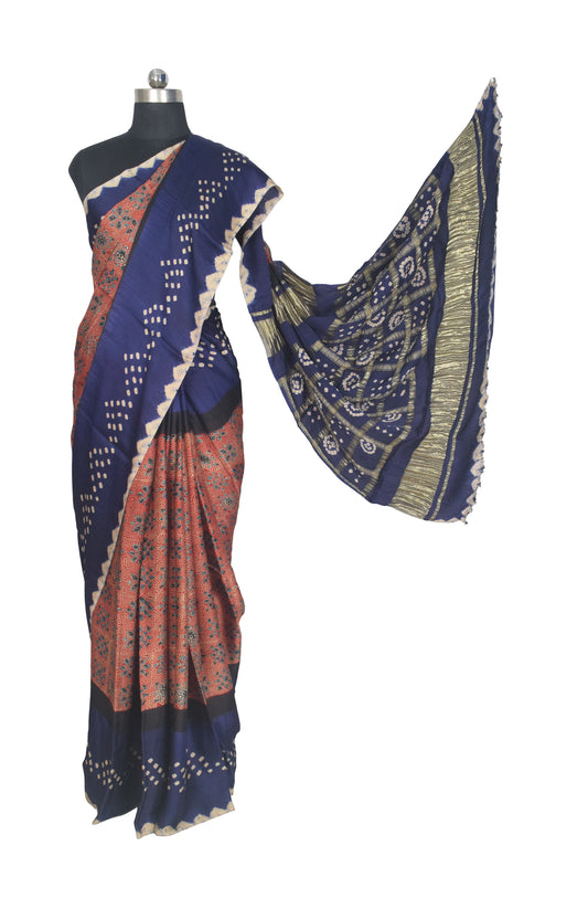 Ajrakh Modal Silk Part Natural Dye Bandhej Border & Bandhej Pallu Gharchola Design Saree Hand Block Print - With Blouse Piece - 5.5 Mtr Length    -  SKU : ZD29A01B