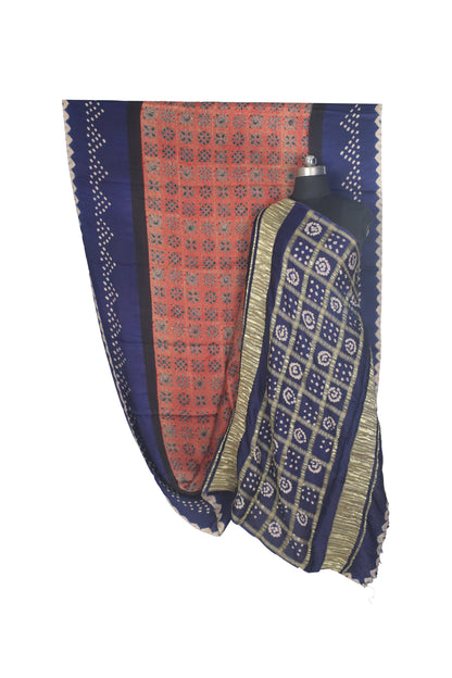 Ajrakh Modal Silk Part Natural Dye Bandhej Border & Bandhej Pallu Gharchola Design Saree Hand Block Print - With Blouse Piece - 5.5 Mtr Length    -  SKU : ZD29A01B