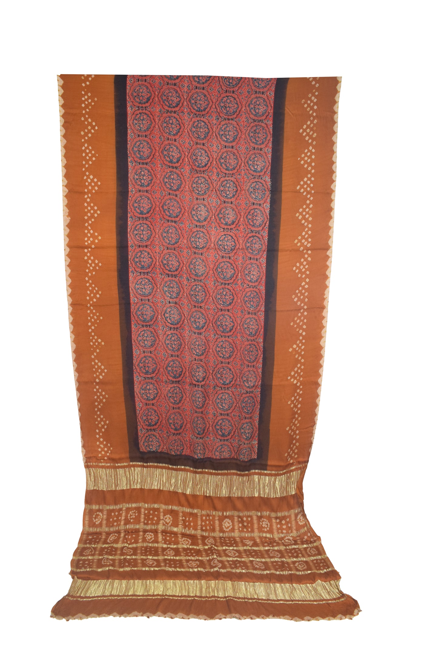 Ajrakh Modal Silk Part Natural Dye Bandhej Border & Bandhej Pallu Gharchola Design Saree Hand Block Print - With Blouse Piece - 5.5 Mtr Length    -  SKU : ZD29A01E