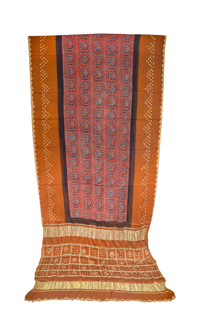 Ajrakh Modal Silk Part Natural Dye Bandhej Border & Bandhej Pallu Gharchola Design Saree Hand Block Print - With Blouse Piece - 5.5 Mtr Length    -  SKU : ZD29A01E