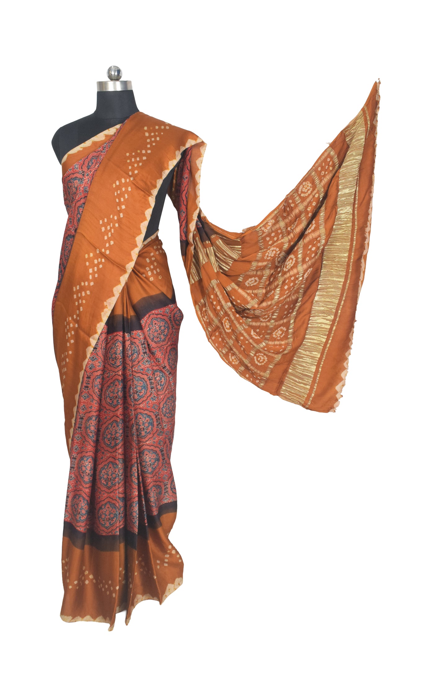 Ajrakh Modal Silk Part Natural Dye Bandhej Border & Bandhej Pallu Gharchola Design Saree Hand Block Print - With Blouse Piece - 5.5 Mtr Length    -  SKU : ZD29A01E