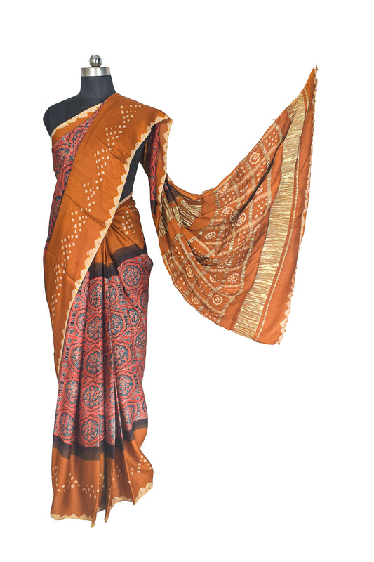Ajrakh Modal Silk Part Natural Dye Bandhej Border & Bandhej Pallu Gharchola Design Saree Hand Block Print - With Blouse Piece - 5.5 Mtr Length    -  SKU : ZD29A01E