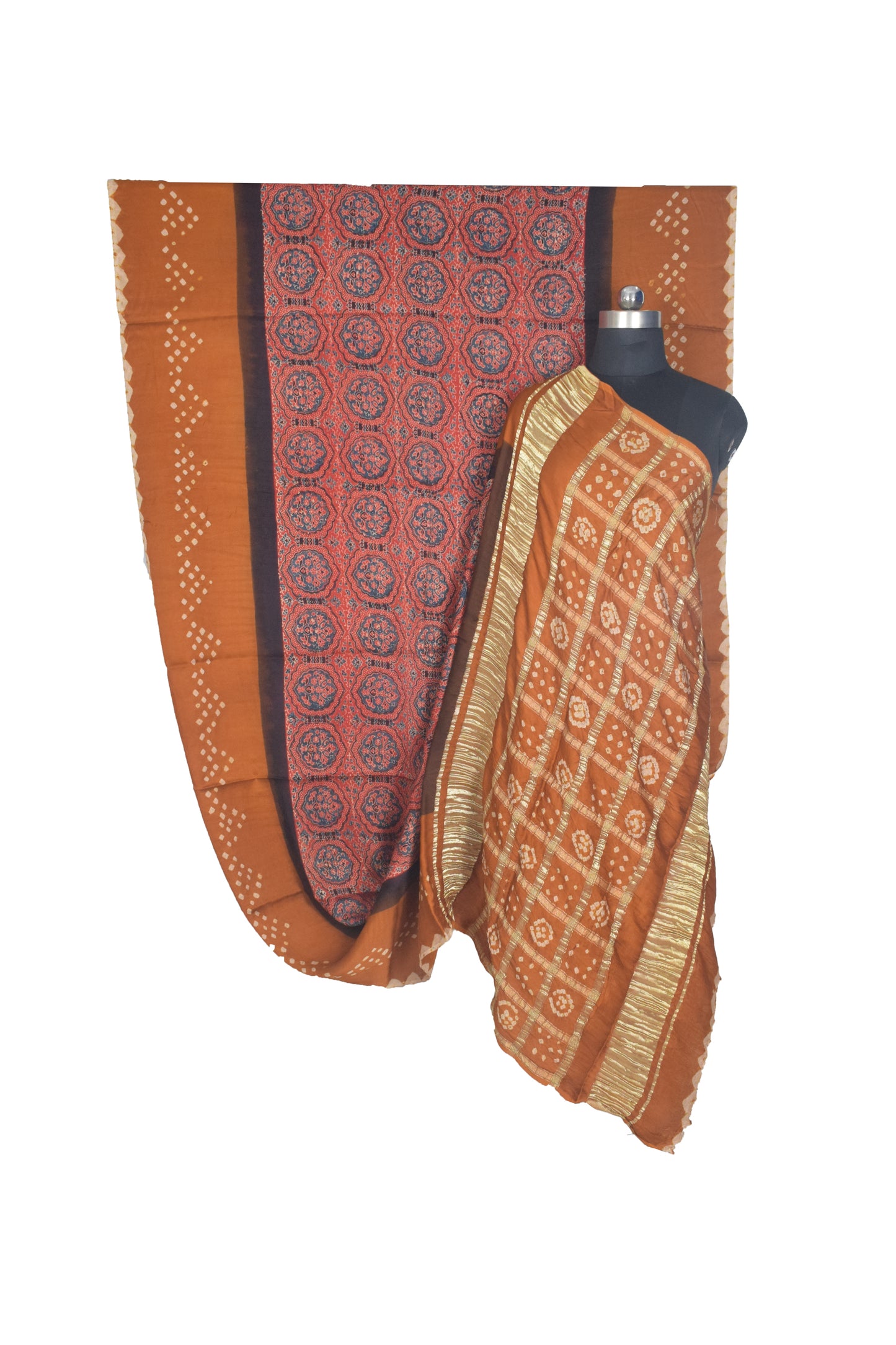 Ajrakh Modal Silk Part Natural Dye Bandhej Border & Bandhej Pallu Gharchola Design Saree Hand Block Print - With Blouse Piece - 5.5 Mtr Length    -  SKU : ZD29A01E