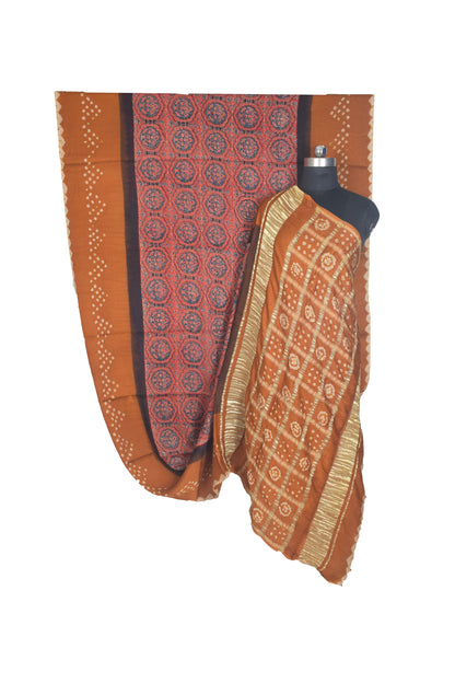 Ajrakh Modal Silk Part Natural Dye Bandhej Border & Bandhej Pallu Gharchola Design Saree Hand Block Print - With Blouse Piece - 5.5 Mtr Length    -  SKU : ZD29A01E