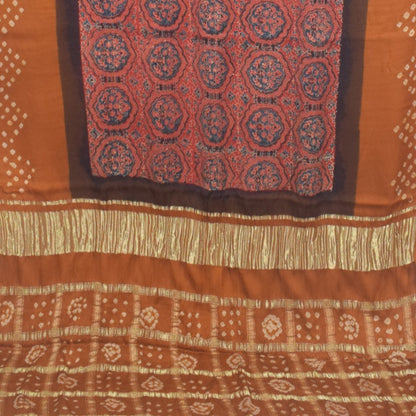 Ajrakh Modal Silk Part Natural Dye Bandhej Border & Bandhej Pallu Gharchola Design Saree Hand Block Print - With Blouse Piece - 5.5 Mtr Length    -  SKU : ZD29A01E