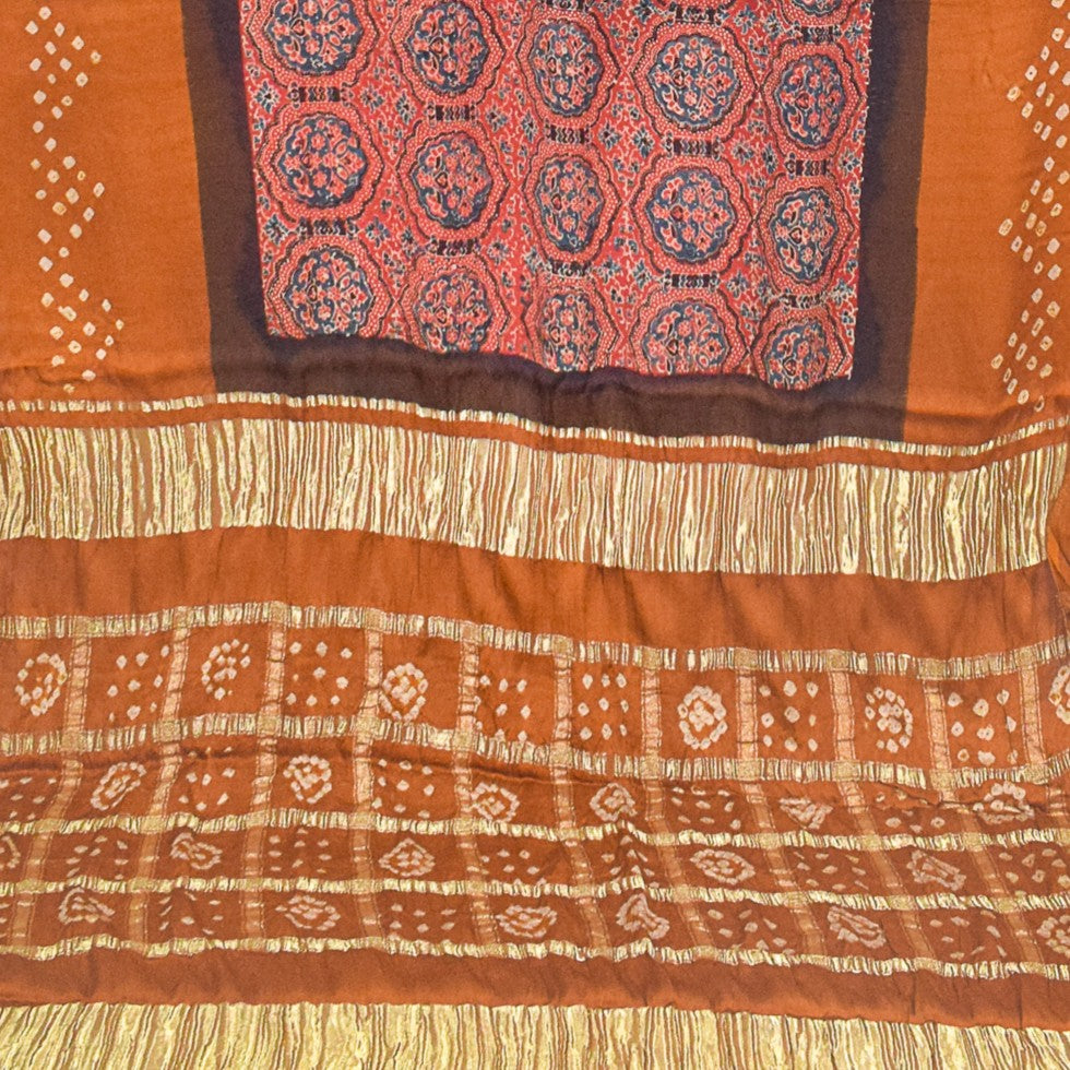 Ajrakh Modal Silk Part Natural Dye Bandhej Border & Bandhej Pallu Gharchola Design Saree Hand Block Print - With Blouse Piece - 5.5 Mtr Length    -  SKU : ZD29A01E
