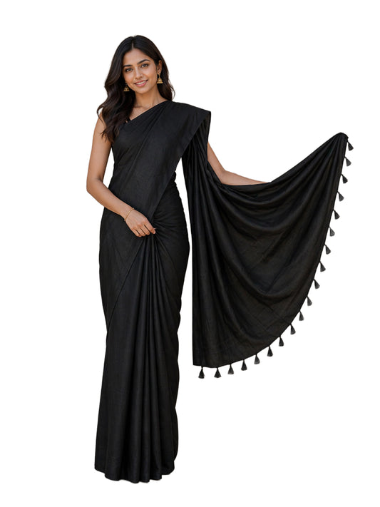 Plain Dyeing Modal Silk Saree with Tassels - With Blouse Piece - 5.5 Mtr Length    -  SKU : 0175-BKBK
