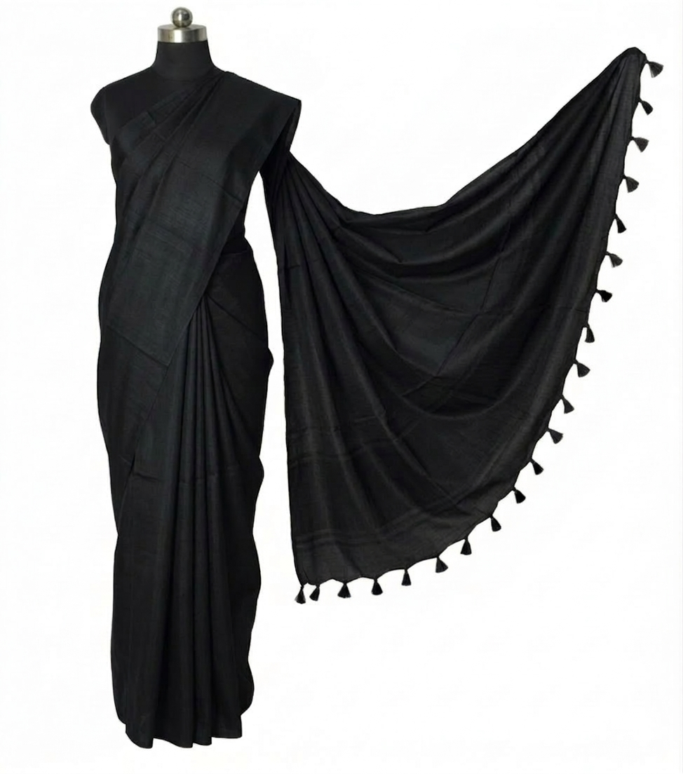 Plain Dyeing Modal Silk Saree with Tassels - With Blouse Piece - 5.5 Mtr Length    -  SKU : 0175-BKBK