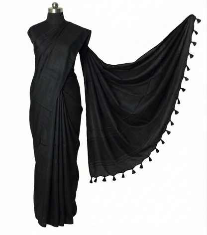 Plain Dyeing Modal Silk Saree with Tassels - With Blouse Piece - 5.5 Mtr Length    -  SKU : 0175-BKBK