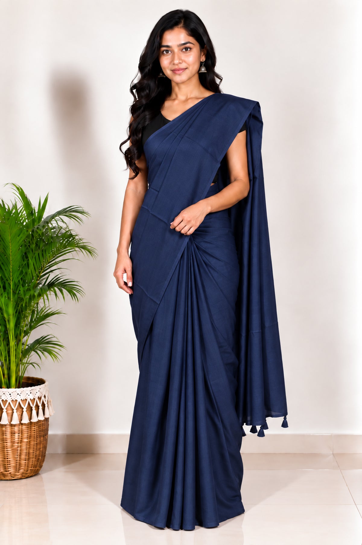 Plain Dyeing Modal Silk Saree with Tassels - With Blouse Piece - 5.5 Mtr Length   -  SKU : 0175-DBDB