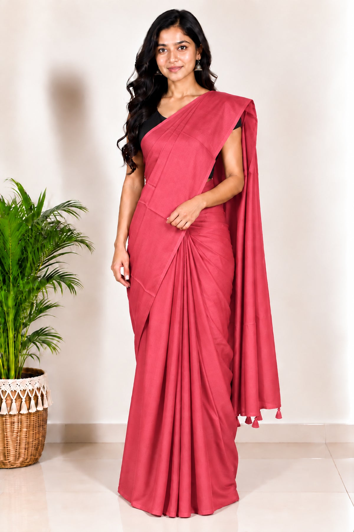 Plain Dyeing Modal Silk Saree with Tassels - With Blouse Piece - 5.5 Mtr Length   -  SKU : 0175-LPLP